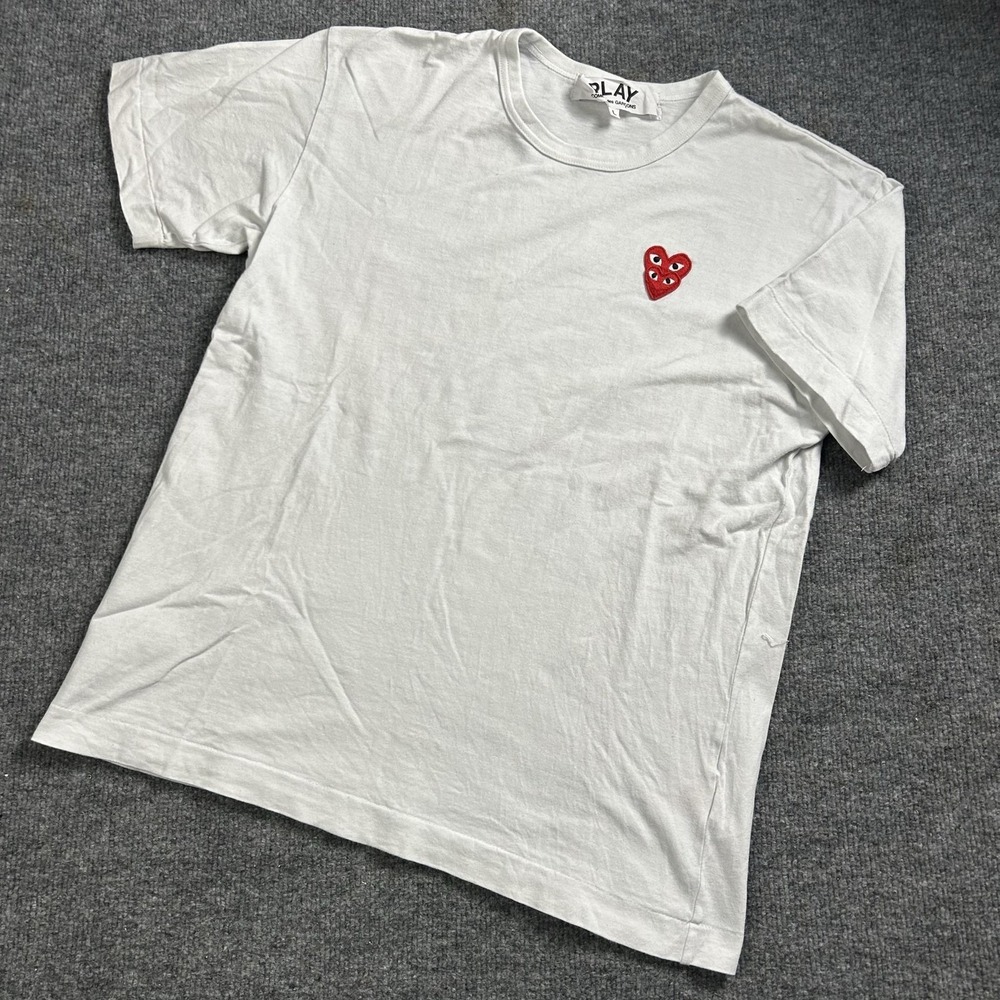 Comme Des Garcons PLAY Shirt Mens Large White Triple Heart Graphic Logo Tee
